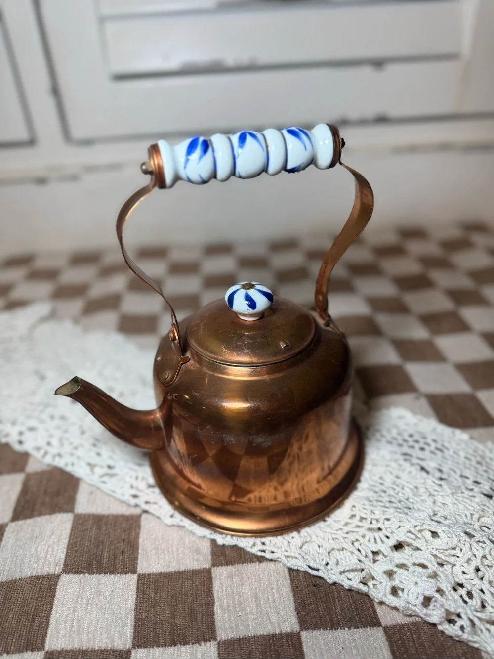 Vintage Cooper Tea Kettle Pot with Blue/White Handle